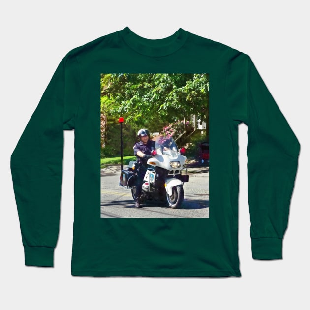 Policeman On Motorcycle Long Sleeve T-Shirt by SusanSavad